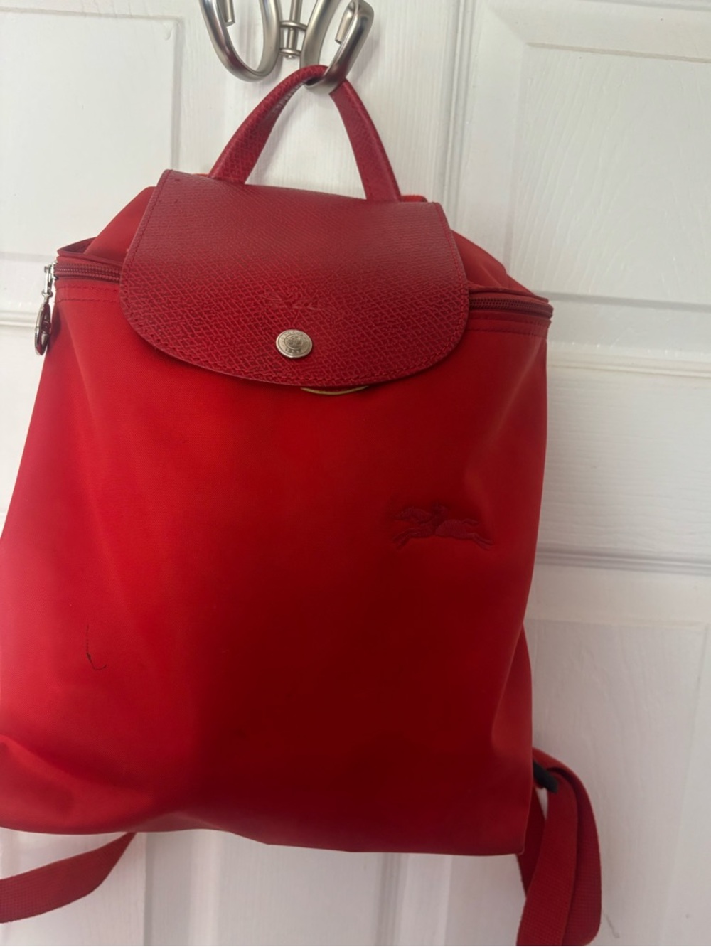Longchamp  LePilage “Sac a dos” Red Nylon Backpack with red Leather Flap.